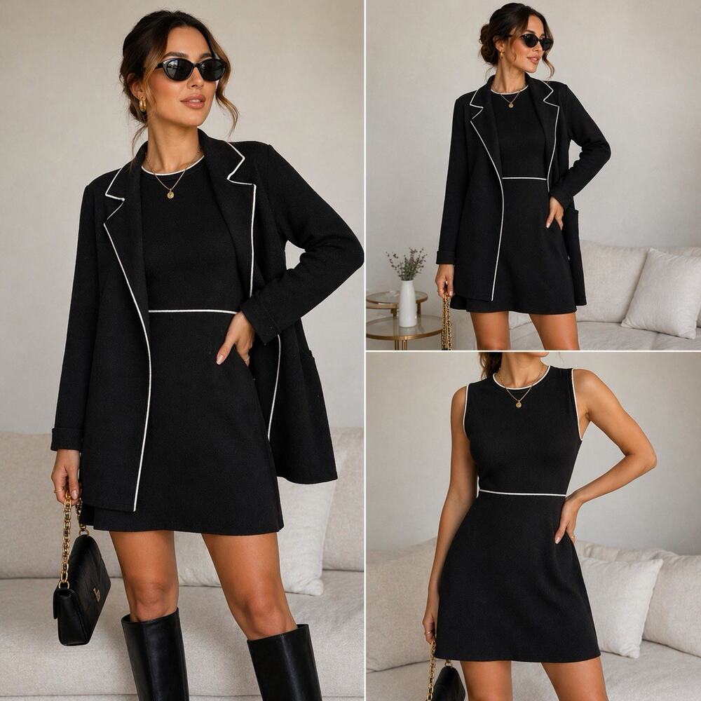 Zara 2 Pc Knit Set Dress Medium Jacket Small Black White Trim Quiet Luxury Chic